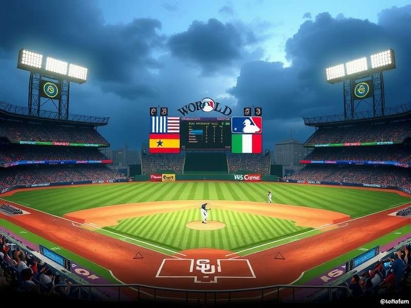 Digital representation of a World Series baseball stadium with score overlays and data visualizations