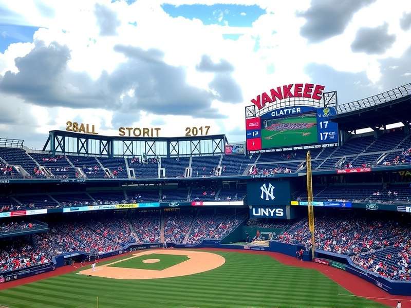 Yankee Stadium during a night game with fans cheering