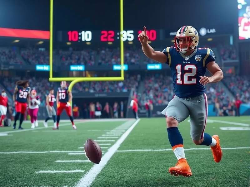 NFL quarterback throwing a touchdown pass in a packed stadium