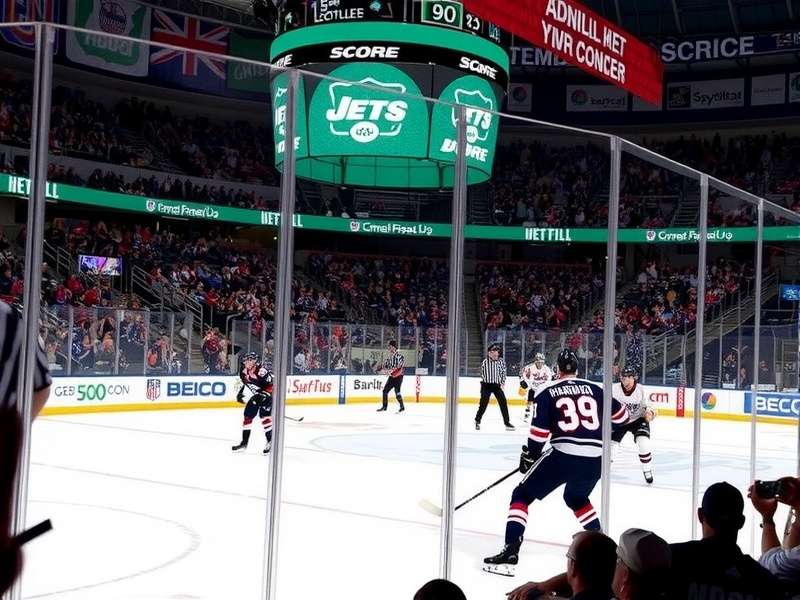 Intense hockey game moment with players battling for the puck