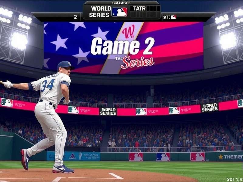 Score Game 2 World Series championship arena packed with fans and massive LED screens displaying live scores