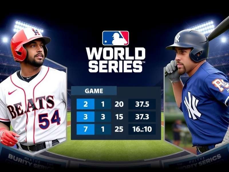 World Series Game 1 at the stadium under lights, fans cheering, scoreboard glowing